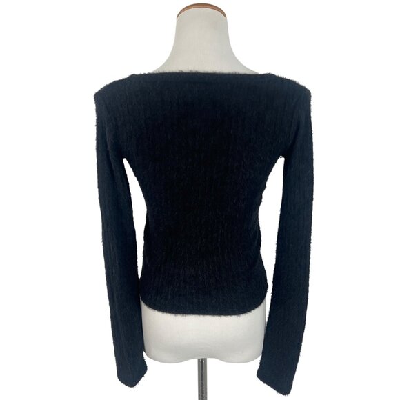 NWT Hollister Black Button Front V-Neck Long Sleeve Soft Fuzzy Sweater Top - Picture 6 of 13